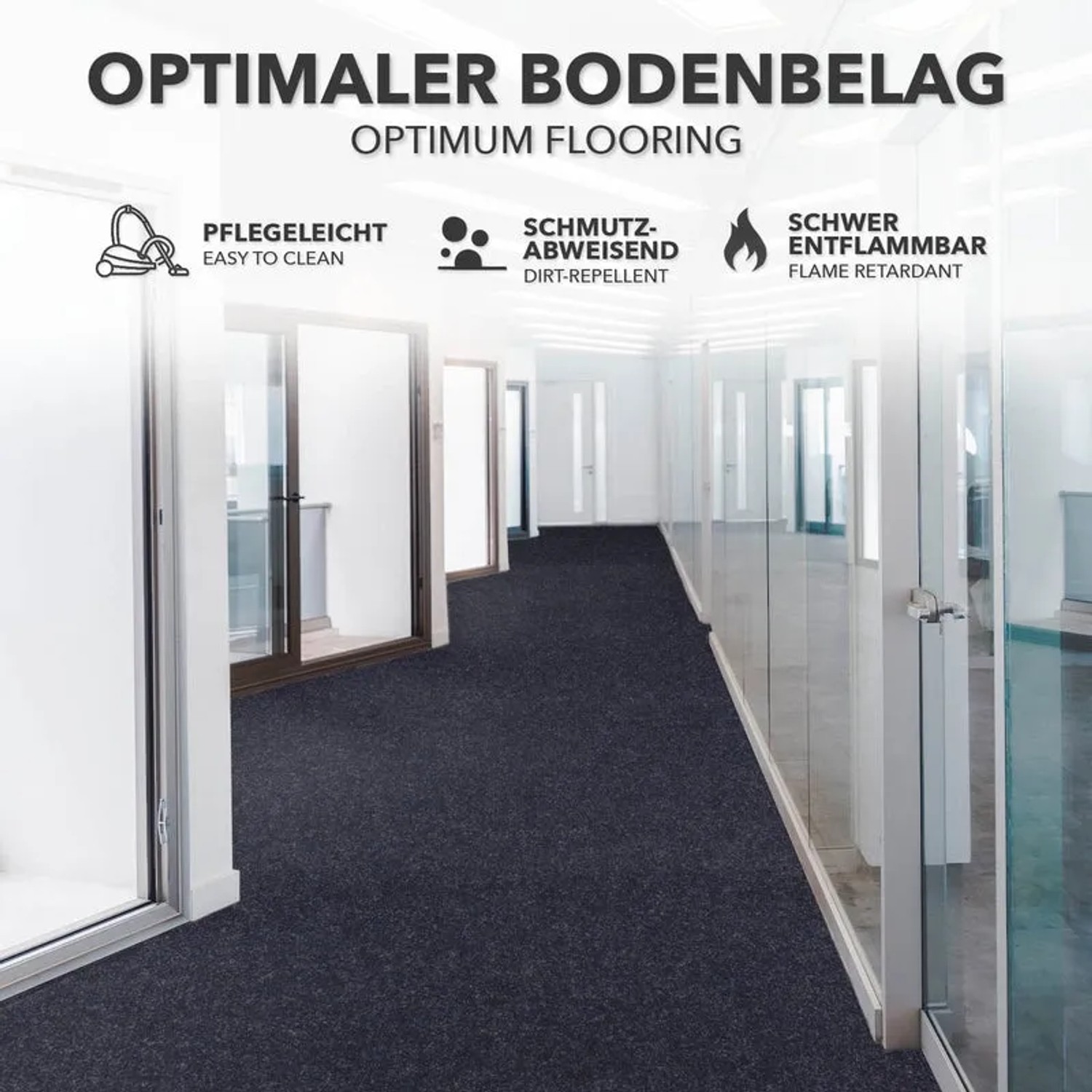 Blauer, zuschneidbarer Eventteppich Turbo im Büro. Strapazierfähiger Teppichboden für Messen und Events.