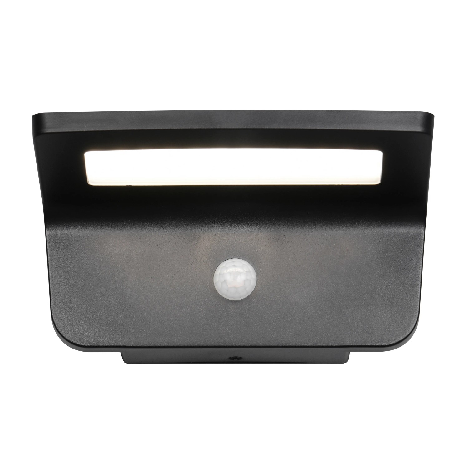 Schwarze, matte Reality LED Solar-Wandleuchte Atico mit Bewegungsmelder für den Außenbereich.