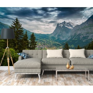 Fototapete mit Landschaftsmotiv: Fluss, Wald, Berge, Grün und Blau, 3,50 m x 2,55 m, FSC®-zertifiziert.