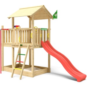 Jungle Gym Spielturm Marvel mit roter Rutsche und Rutschstange aus Holz.