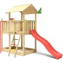 Jungle Gym Spielturm Marvel mit roter Rutsche und Rutschstange aus Holz.