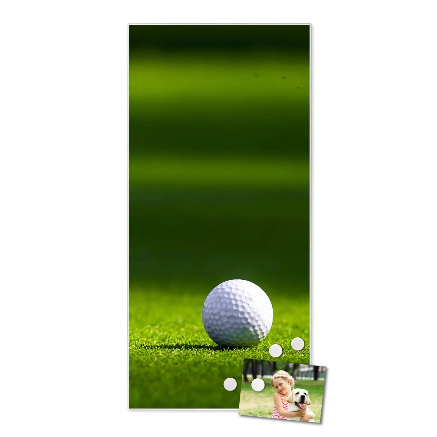 Weiße Magnettafel mit Golfball-Motiv, 37x78cm, inklusive Magnete. Wanddekoration für Notizen und Fotos.