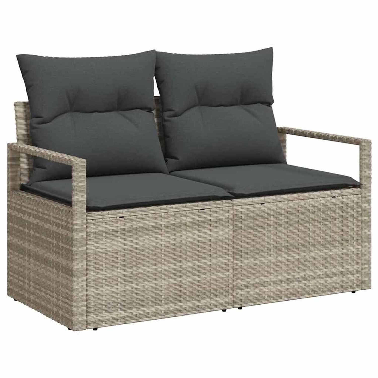 Hellgraues 6-tlg. Garten-Sofa-Set aus Poly Rattan mit grauen Kissen.