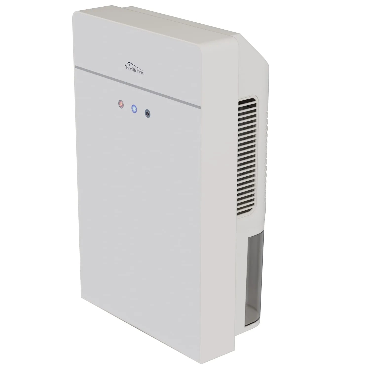 TroniTechnik Luftentfeuchter EF03 mit 2,2L Tank und Schlauchanschluss, weiße Glasfront.