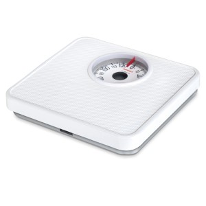 Weiße Leifheit Personenwaage Analog Tempo mit gut lesbarer Skala bis 130 kg.