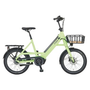 Prophete Urbanicer 3.0 Kompakt E-Bike, 20 Zoll, hellgrün, mit Frontkorb und Gepäckträger.