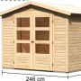 Karibu Holz-Gartenhaus Aesch, unbehandelt, mit Satteldach und Maßangaben.