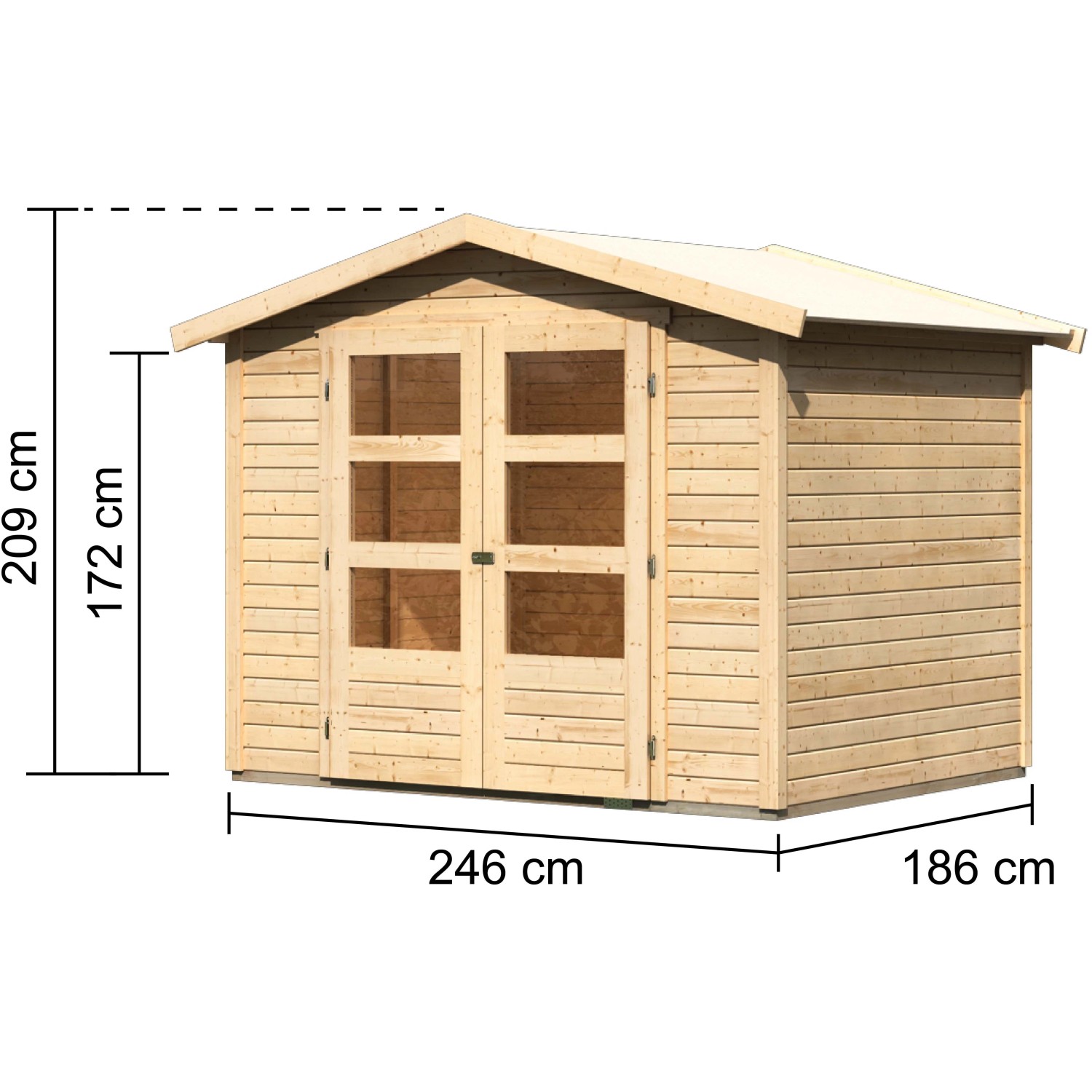 Karibu Holz-Gartenhaus Aesch, unbehandelt, mit Satteldach und Maßangaben.
