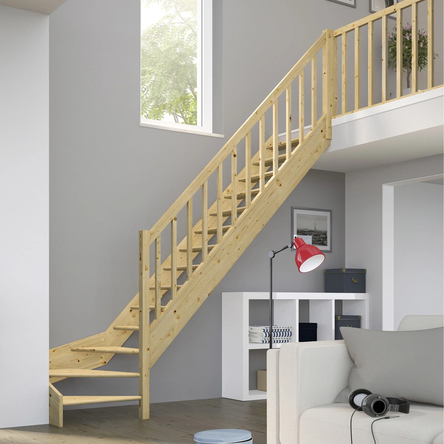 Raumspartreppe Paris, 1/4-gewendelt, Fichte mit Rechteckstabgeländer, ideal für kleine Räume.