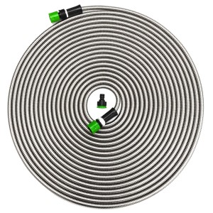 eyepower Knickfreier Gartenschlauch aus Edelstahl, 30m, mit Anschluss-Stück und Kupplungen.