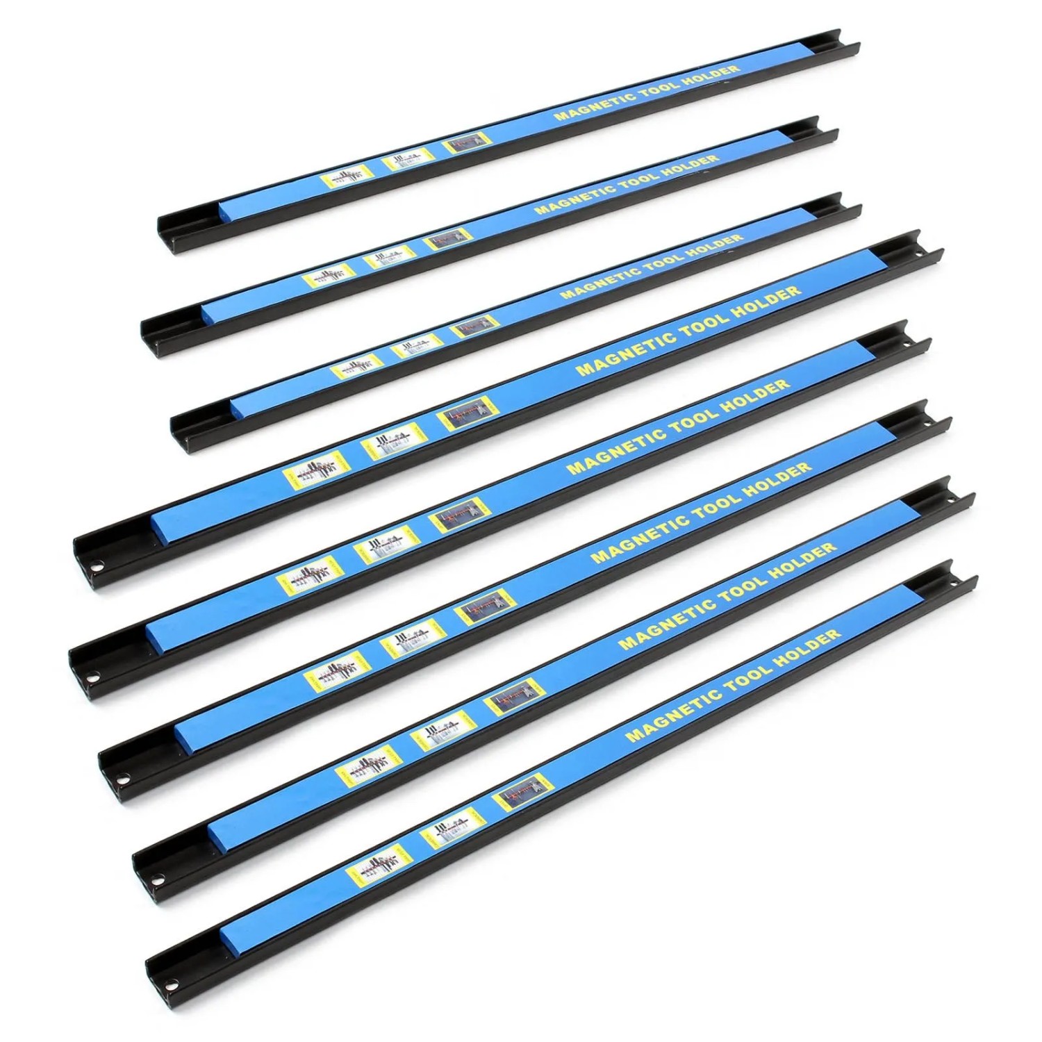 Acht schwarze Wiltec Magnetleisten (61 cm) mit blauen Magnetstreifen zur Werkzeugaufbewahrung in der Werkstatt.