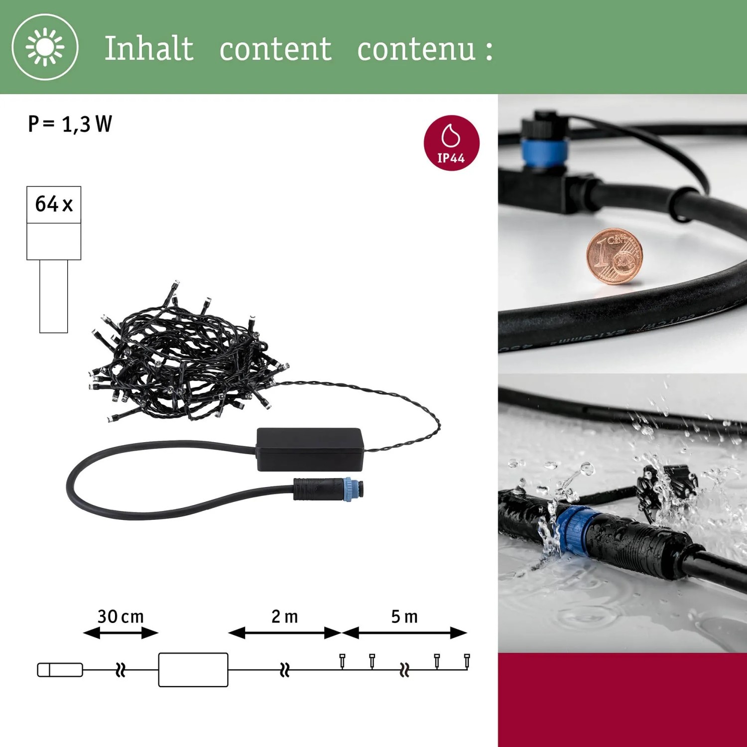 Schwarze Paulmann LED-Lichterkette Yuna Plug & Shine, 5m, warmweiß, IP44 Spritzwasserschutz für außen.