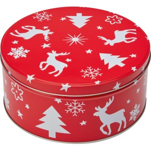 Runde, rote Keksdose aus Zink mit weihnachtlichen Motiven (3er-Set).