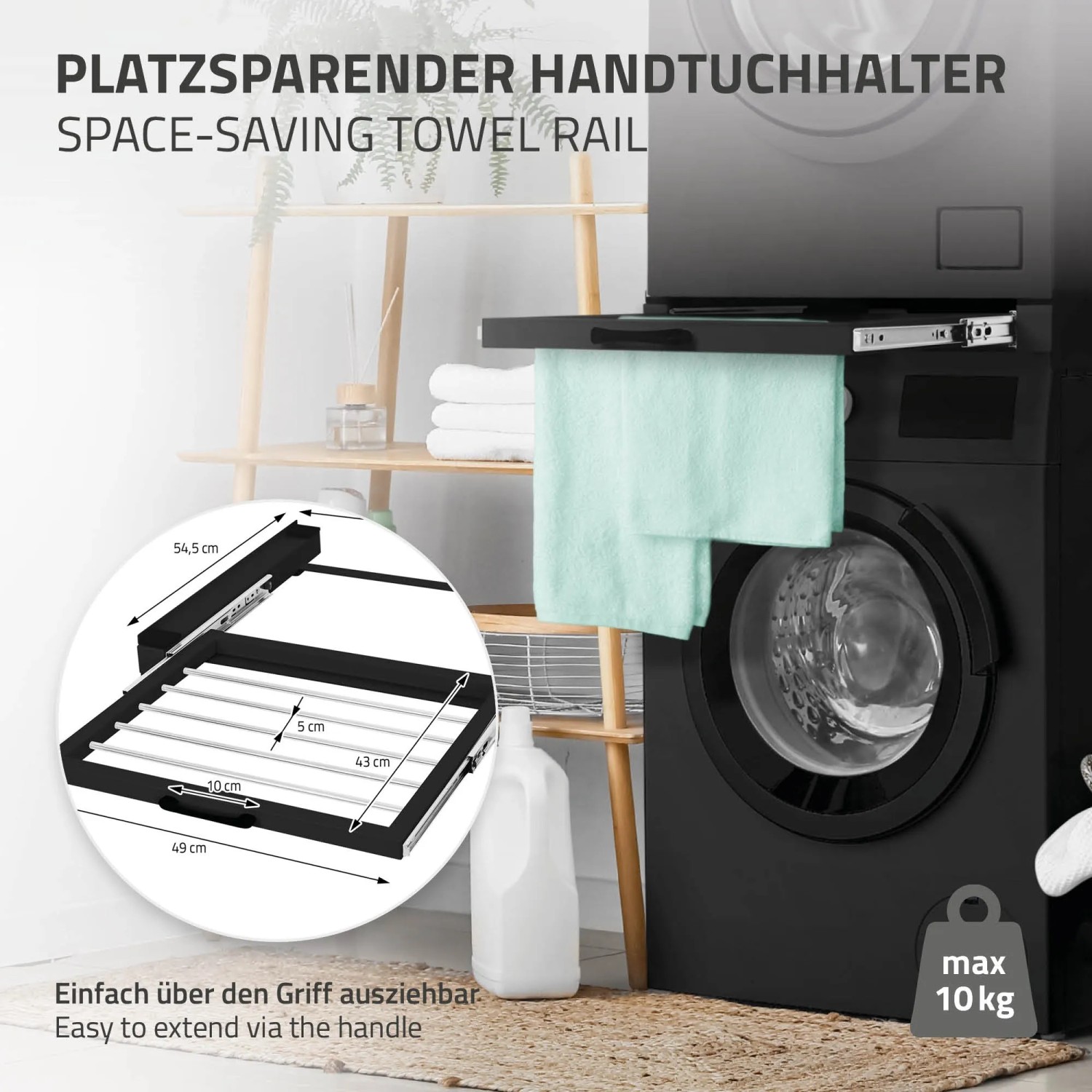 ML-Design Zwischenbaurahmen mit Wäscheleine, Stahl, schwarz, montiert auf einer Waschmaschine.