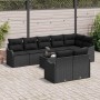 Schwarzes 9-teiliges vidaXL Garten-Sofa-Set aus Poly Rattan mit Tisch und Kissen.
