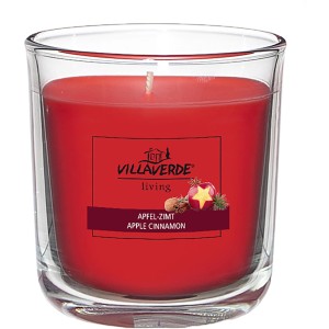 Rote Duftkerze im Glas (Apfel-Zimt, Ø 8 cm) für gemütliche Atmosphäre.
