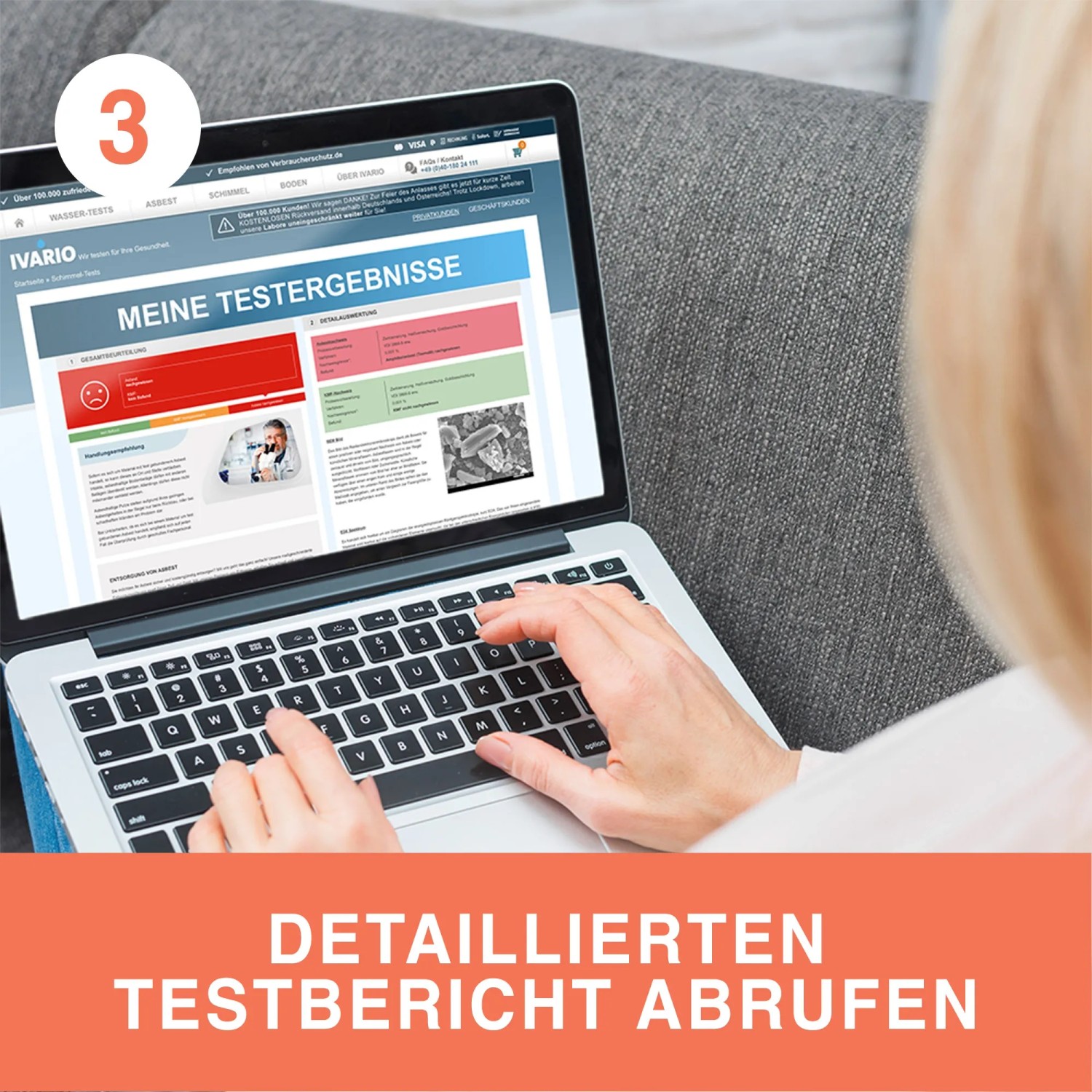 Frau tippt auf Laptop mit Ivario Asbesttest Ergebnis. Anti-Schimmel-Produkte.