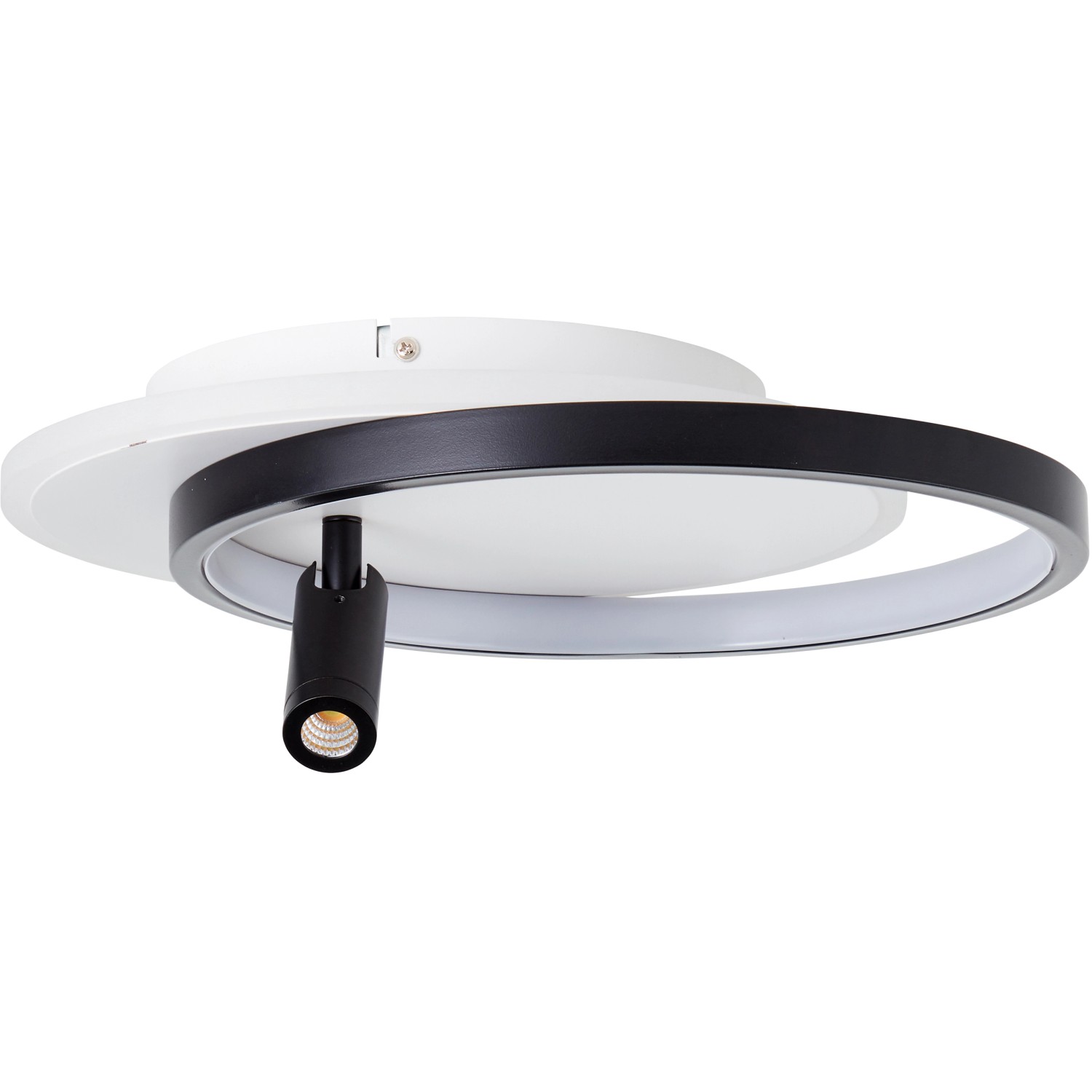 Moderne LED-Deckenleuchte Eunomia, schwarz-weiß, mit schwenkbarem Spot und Dimmer.