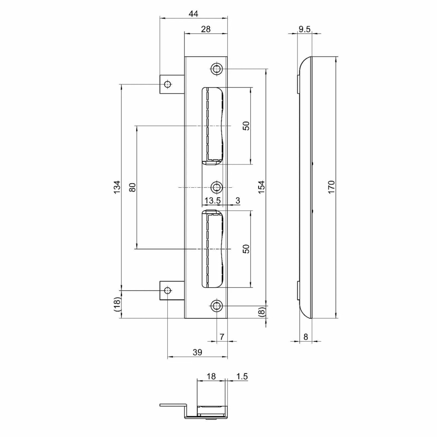 Technische Zeichnung: SOTECH BKS Winkel Schließblech S2800049, 170x28x8mm, Stahl, DIN Links/Rechts