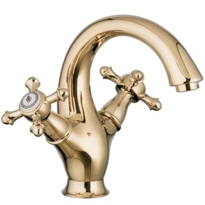 Goldene PaulGurkes Waschtischarmatur im Retro-Design mit zwei Griffen.