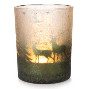 Grün-silbernes Windlichtglas mit Hirschmotiv für Teelichter, Weihnachtsdeko.