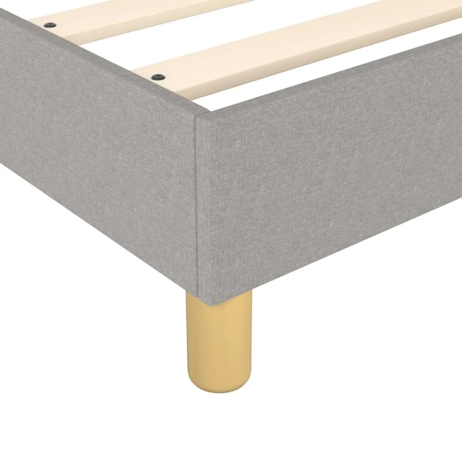 Detailansicht: Hellgraues vidaXL Boxspringbett (160x200 cm) mit Stoffbezug und Holzfüßen.
