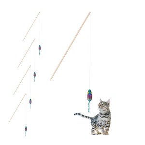 Relaxdays Katzenangel 5er Set mit bunten Mäusen und Katze, Spielzeug aus Birkenholz und Nylon.