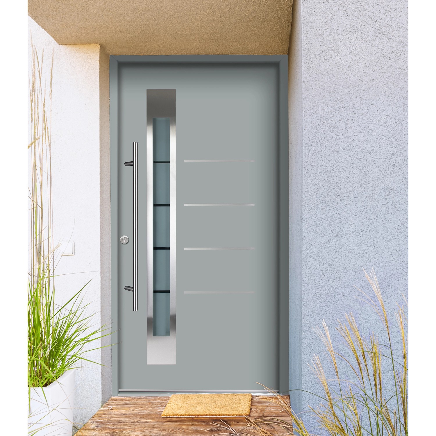 Moderne, graue Splendoor Thermospace Haustür Berlin Prime mit Edelstahlgriff und Glaseinsatz.