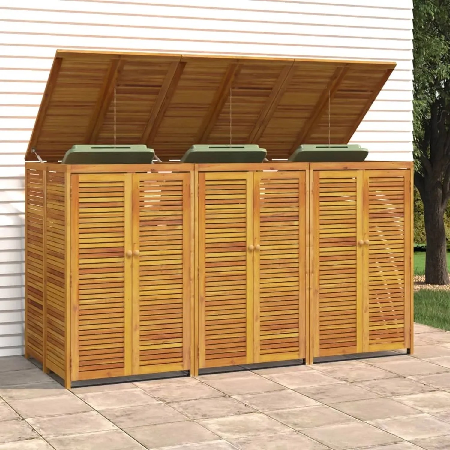 vidaXL Mülltonnenbox für 3 Tonnen aus Akazienholz im Garten.