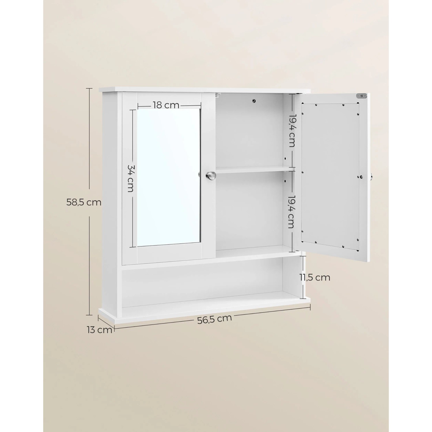 Songmics Spiegelschrank Sofie, weiß, mit 2 Türen, offenem Fach und Maßen.