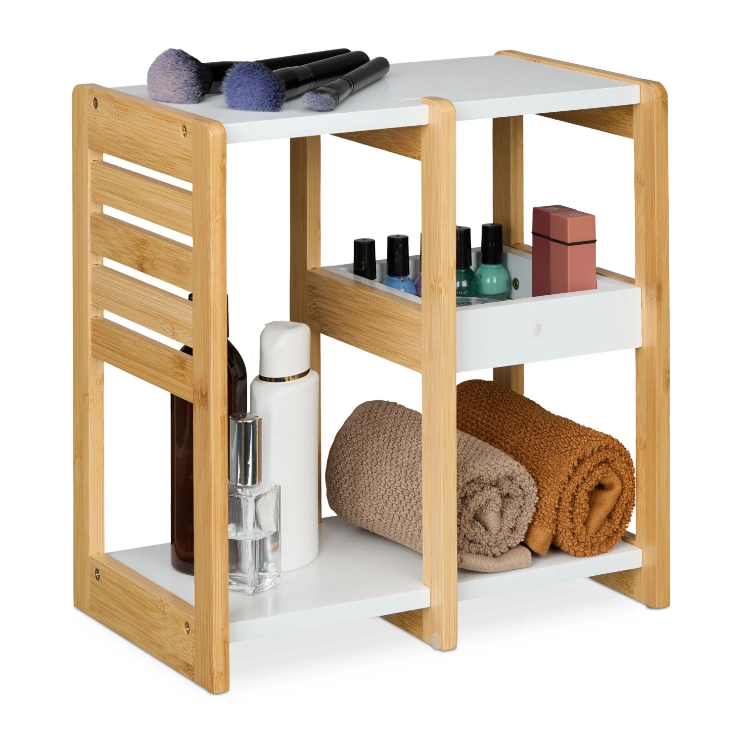 Relaxdays Badregal Bambus MDF Natur Weiß mit 3 Ablagen 35 cm x 34 cm x 20 cm