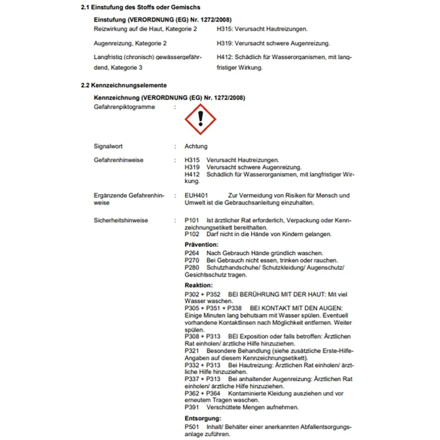 Sicherheitsdatenblatt mit Gefahrenhinweisen und Schutzmaßnahmen.