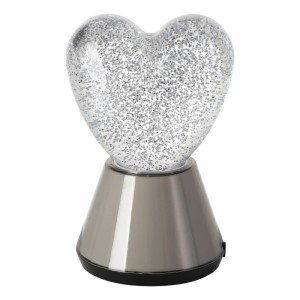 Eglo LED-Glitzertischleuchte in Herzform, transparent mit silbernem Glitzer und glänzender Metallbasis.