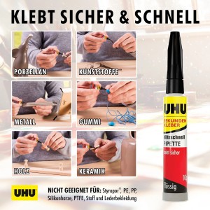 Uhu Sekundenkleber Blitzschnell Pipette 10g für präzises Kleben verschiedener Materialien.