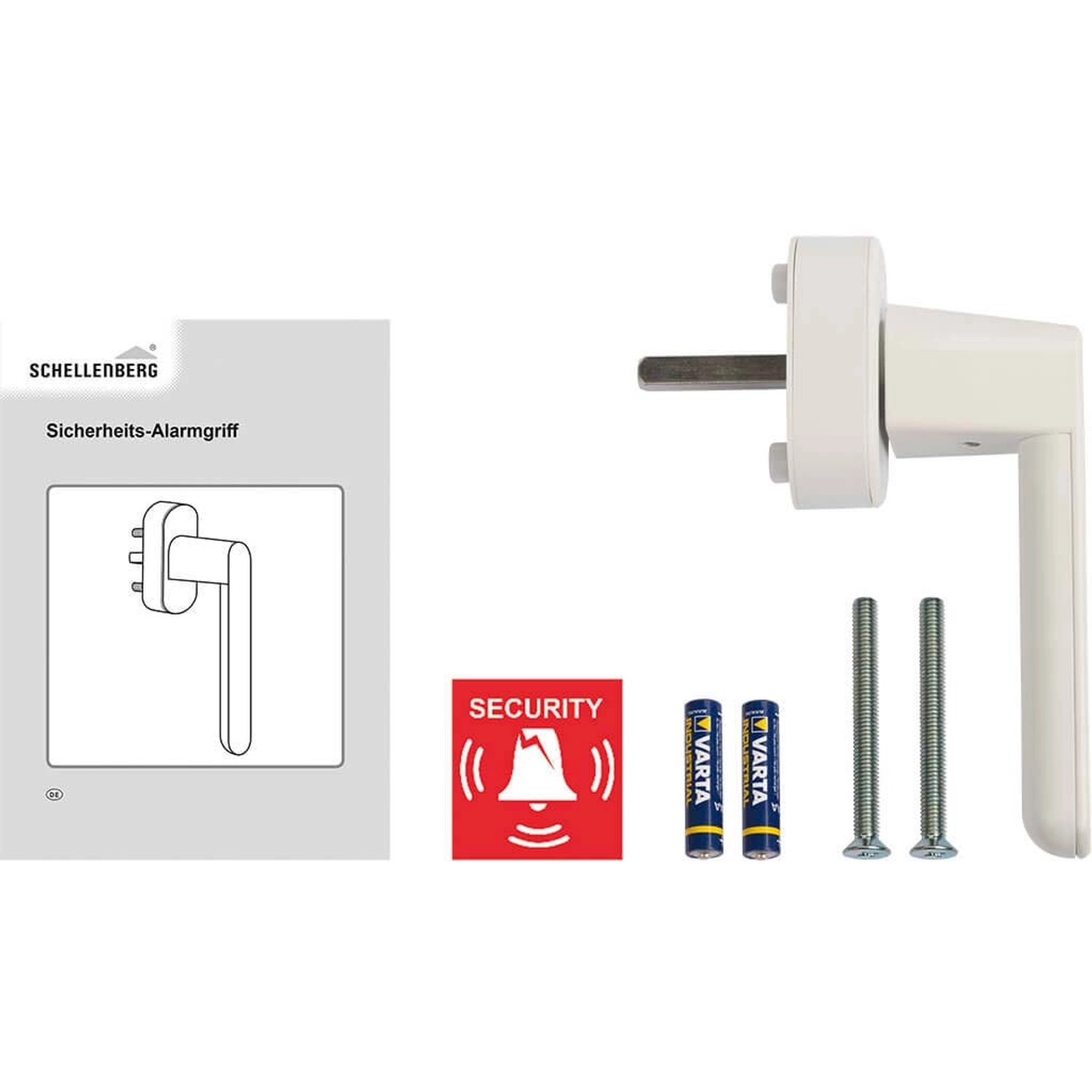 Schellenberg Sicherheits-Alarmgriff, weiß, 37 mm, mit Batterien und Schrauben für Alarmanlagen.