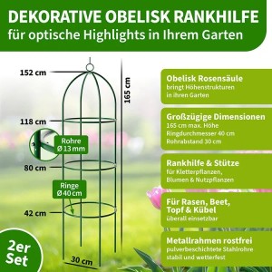 TTL GARDEN Obelisk Rankhilfe L 165 x 40 cm 2er Set Metall Pulverbeschichtet Rankgitter Rosensäule Kletterhilfe für Rosen Clematis