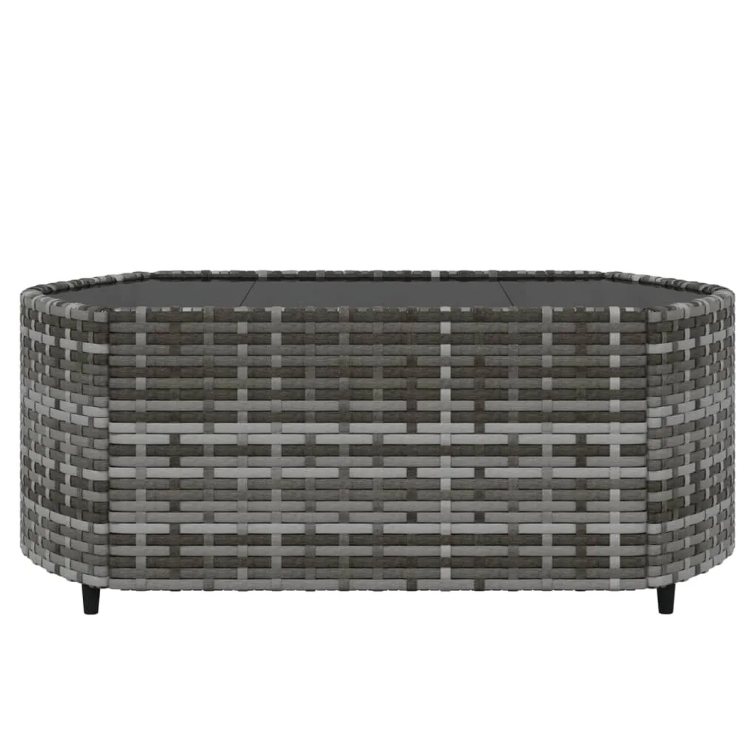 Grauer vidaXL Couchtisch aus Polyrattan mit Glasplatte für Garten-Lounge-Set.