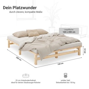 Homestyle4u Holzbett Jugendbett Palettenbett 160x200 mit Lattenrost Natur Futonbett 3190