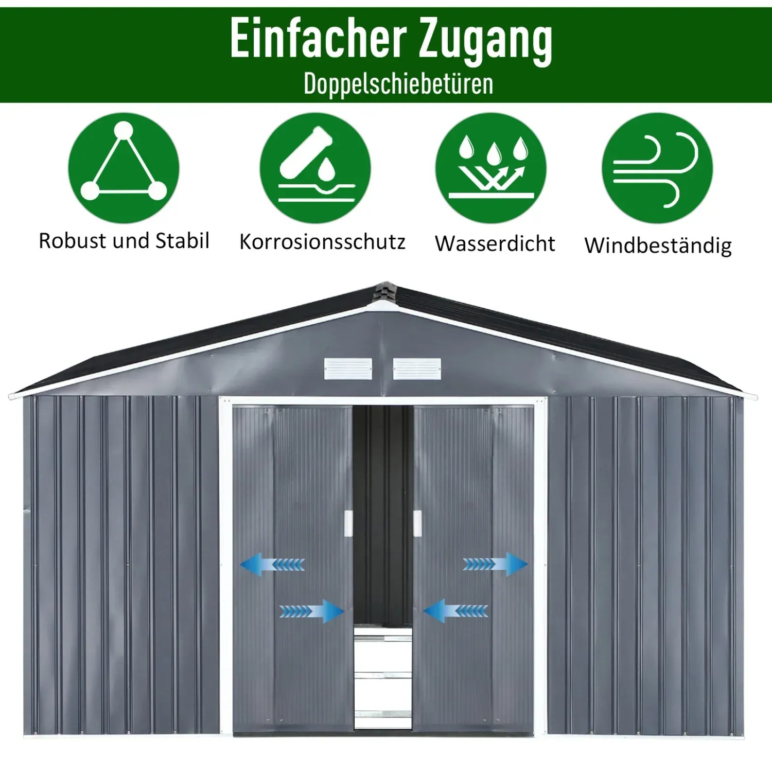 Outsunny Gerätehaus, 20m³, kohlegrau, mit Doppelschiebetür und Belüftung.