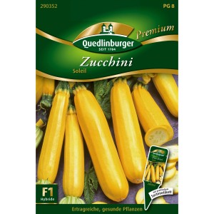 Quedlinburger Zucchini Soleil Saatgut: Gelbe Zucchini auf der Saatgutpackung.