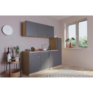 Respekta Küchenzeile KB180ESG, 180 cm, Grau/Eiche Sonoma Nachbildung mit E-Geräten.