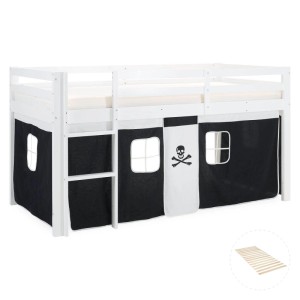 Homestyle4u Hochbett 90x200 mit Vorhang und Lattenrost in Weiß Pirat 2538