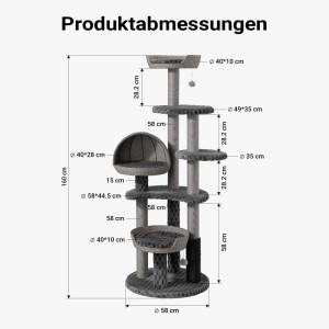 Maßangaben des grauen Wiltec Fudajo Urban Loft Kratzbaums, 160 cm hoch, mit Liegeflächen und Kletterbaum.