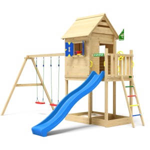 Jungle Gym Spielturm Hideout mit blauer Rutsche, Schaukeln und Leiter. Holz natur.