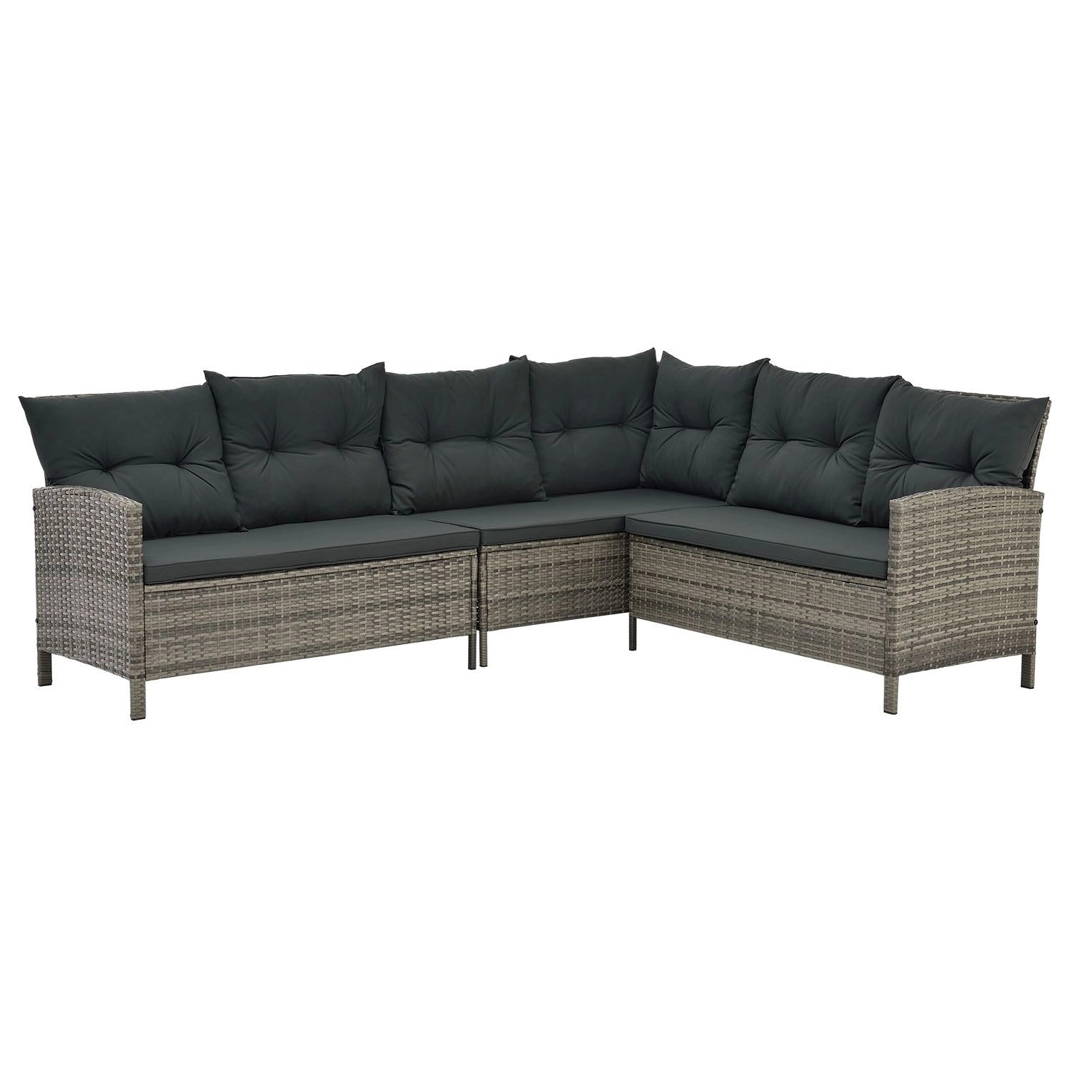 Grau melierte Polyrattan Gartenlounge Manacor mit dunklen Kissen für Terrasse und Garten.