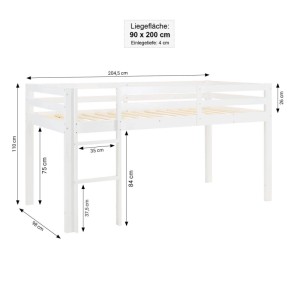 Homestyle4u Hochbett 90x200 mit Vorhang und Lattenrost in Weiß 2550