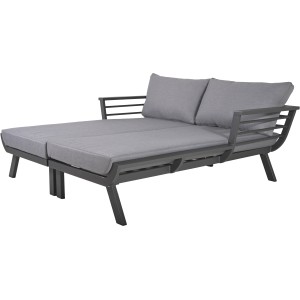 Anthrazitfarbene Garden Pleasure Doppelliege Delia mit grauen Auflagen und Kissen.