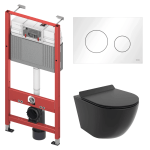 KOLMAN WC-Komplettset: schwarzes Wand-WC, weißes Spülfeld, rotes Vorwandelement. Moderne Bad-Toilette.