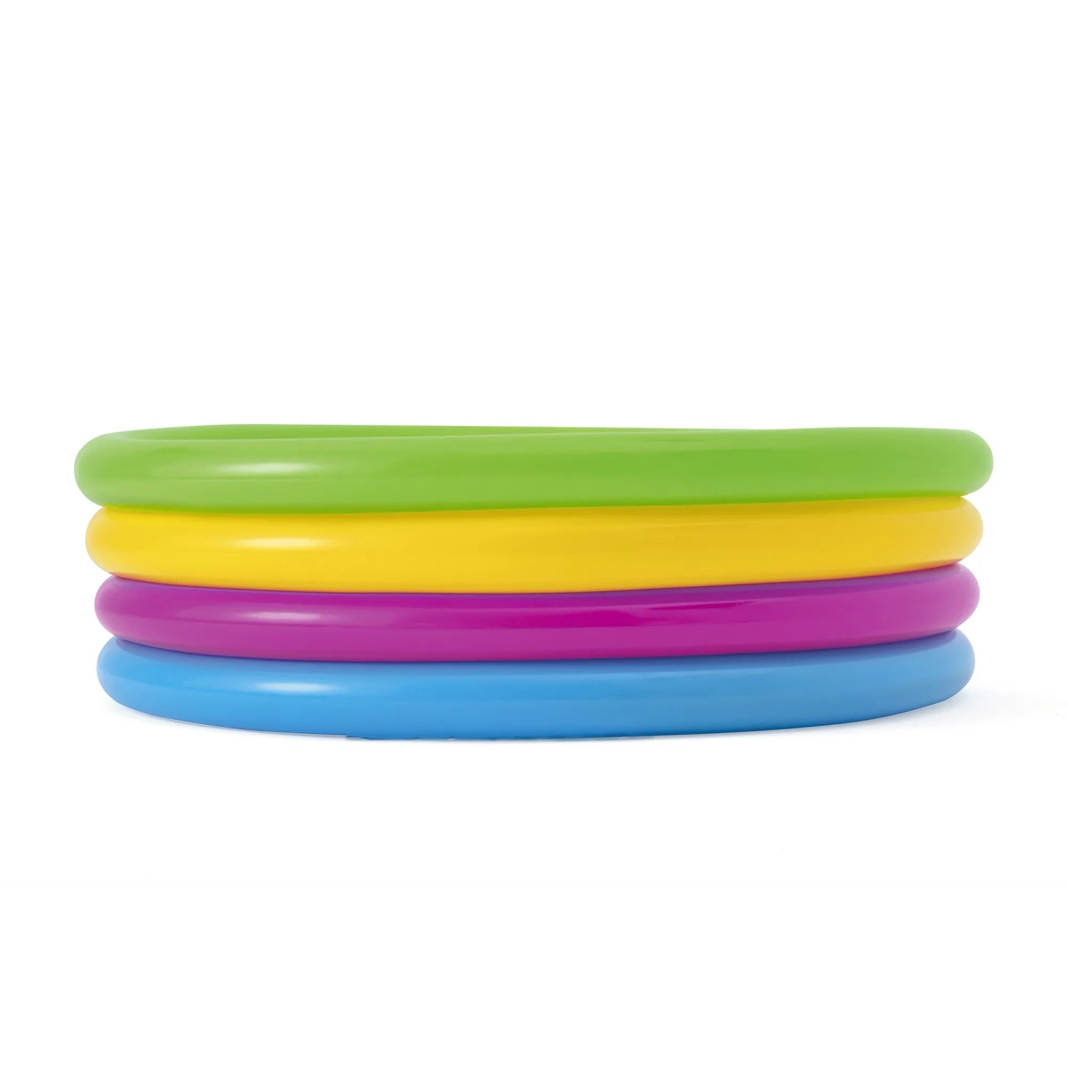 Bestway Planschbecken Swim Squad mit vier farbigen Luftringen (grün, gelb, pink, blau).