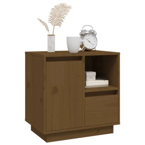 Nachttisch-Set, honigbraun, Kiefer massiv, mit Tür, Schublade und Ablagefläche.